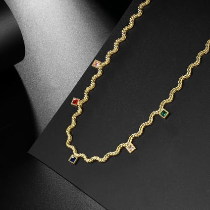 Hipunk Women Gold Plated Stainless Steel Wave Rope Chain Collar Necklace with Colorful Zirconia Flower Heart Charms Choker, Adjustable 16+2 Inch - color: square
