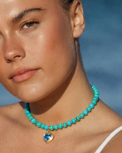 Boho Beaded Choker Necklaces for Women with A Gold Heart CZ - color: Turquoise