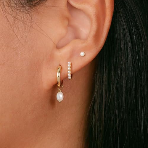 3 Pairs Earring Stacks, Gold Earring Set Jewelry Gift for Women | Small, 14K Gold/White Gold/Black/Rose Gold Plated, Hypoallergenic, Her, Everday, Stackable, Simple, 3 Holes - color: Gold-Pearl