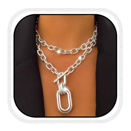 CLOACE Chunky Choker Necklaces Layered Pendant Necklace Chain Punk Thick Necklace Accessories for Women - color: silver