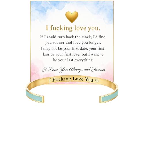 I Fcking Love You Cuff Bracelet For Women, Enamel Open Adjustable Stainless Steel I F Love You Bracelets Engraved Heart Vintage Funny Romantic Promise Rings Inspirational Wife Husband Jewelry Gifts - color: Love Gold Green