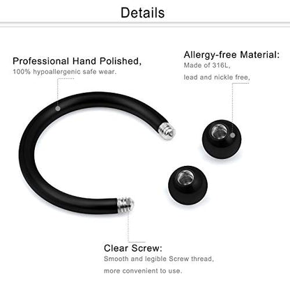 16G Septum Rings Surgical Steel Lip Rings Horseshoe Nose Ring Snake Bite Jewelry Smiley Piercing Jewelry for Women Men Diameter 6mm 8mm 10mm 12mm - color: DIA.8mm,Black