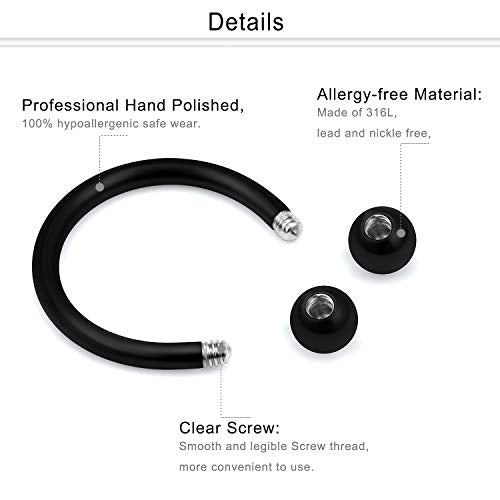 16G Septum Rings Surgical Steel Lip Rings Horseshoe Nose Ring Snake Bite Jewelry Smiley Piercing Jewelry for Women Men Diameter 6mm 8mm 10mm 12mm - color: DIA.10mm,Black