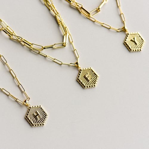 Layered Initial Necklace for Women | Gold Plated Paperclip Chain with Sunburst Hexagon Letter Pendant | Double Layer Alphabet Necklace | Personalized Minimalist Jewelry Gift - color: U