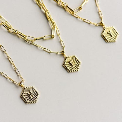 Layered Initial Necklace for Women | Gold Plated Paperclip Chain with Sunburst Hexagon Letter Pendant | Double Layer Alphabet Necklace | Personalized Minimalist Jewelry Gift - color: U