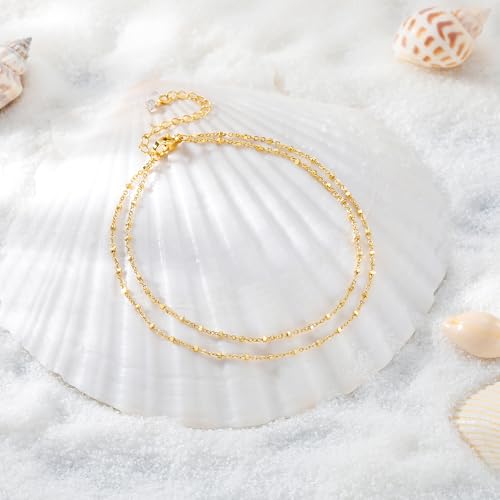 Gold Anklet Set for Women, Layered Beach Anklets | Layered gold-tone ankle bracelets, designed for beach days, vacations, and summer wear - style: Gold Anklet 1