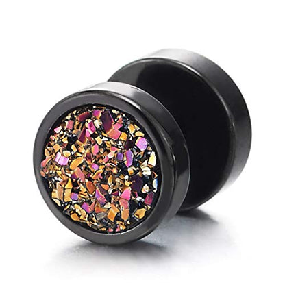10mm Women Mens Black Circle Stud Earrings Black Glitter, Steel Cheater Fake Ear Plugs Gauges Tunnel - color: Metal color: Black; Stone color: Colorful-01