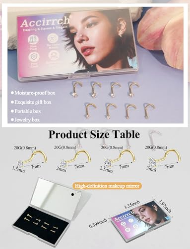8Pcs Nose Rings Studs Set for Women Men: Hypoallergenic G23 Titanium/316L Surgical Stainless Steel Nose Studs, Nickel-free Lead-free L Shaped Corkscrew Nose Piercing Jewelry CZ 1.5mm 2mm 2.5mm 3mm - style: Titanium 8Pcs 20G Corkscrew Gold