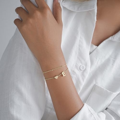 Gold Initial Bracelets for Women Trendy, Dainty Layered 14K Gold Plated Heart Letter Charm Bracelets, letter beads for name bracelets Jewelry Gifts - color: Gold-E