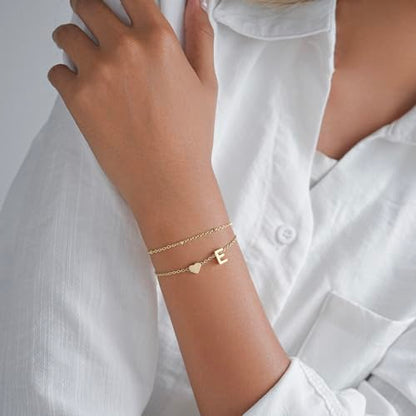 Gold Initial Bracelets for Women Trendy, Dainty Layered 14K Gold Plated Heart Letter Charm Bracelets, letter beads for name bracelets Jewelry Gifts - color: Gold-E