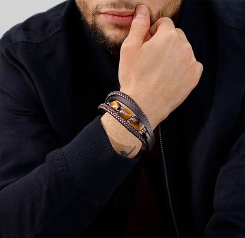 Mens Tiger Eye Leather Bracelet, Natural Tiger Eye Stone Multi-Layer Braided Cuff Bracelets for Men, Stainless Steel with Buckle Memorial Bangle Gifts for Him - color: Brown