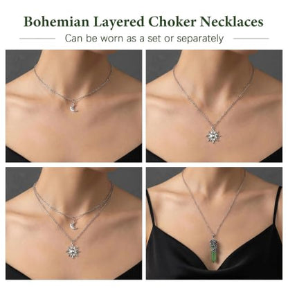 Gothic Emo Grunge Crescent Moon Layered Choker for Women | Boho Moon Sun Star Crystal Pendant Necklace, Punk Witchy Halloween Christmas Jewelry Accessories Gifts - color: Green