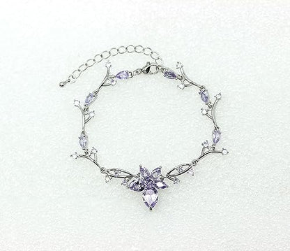 Faship Gorgeous CZ Crystal Floral Necklace Earrings Set - color: Lavender / Matching Bracelet