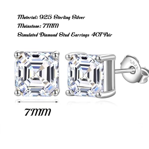 925 Sterling Silver 2-4 Carat Lab Simulation-Diamond Stud Earrings 5A Cubic Zirconia Stud Earrings Hypoallergenic White Gold Plated, Perfect Jewelry Gifts - style: Asscher Cut 7MM