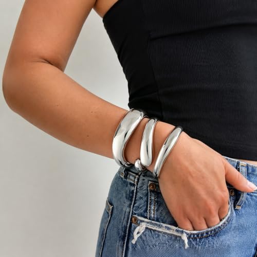 Chunky Gold Bangle Bracelets for Women Trendy 14K Gold Plated Cuff Bracelets Stack, Dainty Gold Bracelet Sets Non Tarnish Fashion Jewelry Gift - style: Silver-3pc-009