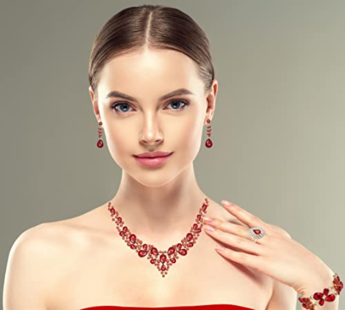 Paxuan Crystal Bridal Wedding Jewelry Sets for Women Rhinestone Teardrop Crystal Statement Choker Necklace Drop Earrings Link Bracelets Rings Teardrop Jewelry Set for Brides Bridesmaids - color: Red
