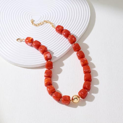 Chunky Colorful Beaded Choker Necklace for Women, Summer Beach Statement Resin Beads Necklace, Trendy Womens Summer Beach Jewelry Birthday Gifts for Vacation Holiday - color: Square Red Bead