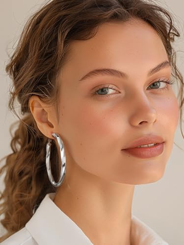 FindChic Twisted Hoop Earrings for Women, Silver/Black/14K Gold Plated Hypoallergenic Hollow Tube Rounded Loop Earrings, 30mm/40mm/60mm/80mm Hoops with Custom Name Options and Gift Box - color: b.Silver, size: 60MM