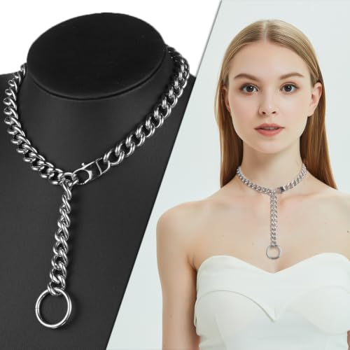 Womens Choker Chain 18K Gold Stainless Steel Cuban Link Gift for her | Adjustable with O Ring Belt tail,0.4inch wide,Punk Rock,Sexy Pendant Xxxt.Necklace - color: White