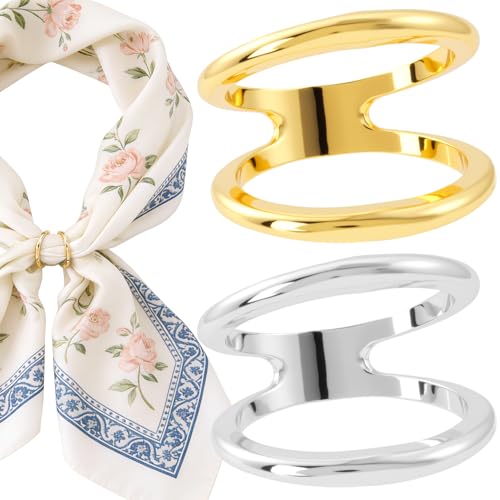 2pc Silk Scarf Ring, B Style, Gold & Silver | Metal, 0.74×0.94in, Round, Minimalist, Geometric, Silk Scarves Shawl Clip, Scarf Slide for Women - color: Gold & Silver-2pcs-round