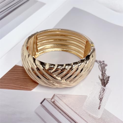 Dainty Twist Stripe Wide Chunky Bangle Bracelets for Women Minimalist Classic 14K Yellow Gold Plated Oval Cuff Wrist Open Bangles Statement Unique Design Fashion Trendy Jewelry Gift