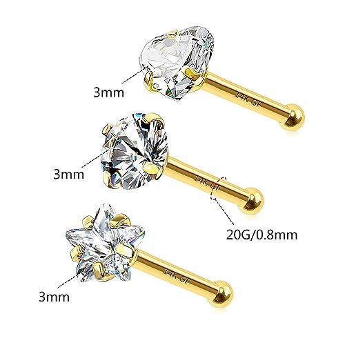 3 Pcs 14K Gold Filled Nose Studs 20G Stainless Steel Stud Nose Ring 2mm/2.5mm/3mm Round CZ L Bend Nose Stud Hypoallergenic Nose Piercing - color: gold mix I