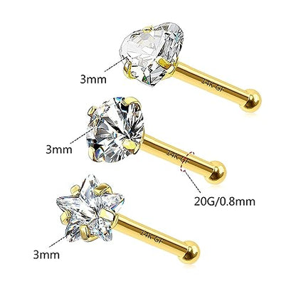 3 Pcs 14K Gold Filled Nose Studs 20G Stainless Steel Stud Nose Ring 2mm/2.5mm/3mm Round CZ L Bend Nose Stud Hypoallergenic Nose Piercing - color: gold mix I