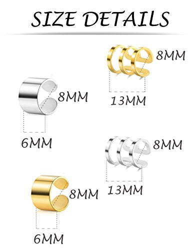 4-10 Pairs Stainless Steel Ear Cuff Helix Cartilage Clip On Wrap Earrings Fake Nose Ring Non-Piercing Adjustable - color: B3:4 Pairs, Silver&Gold Tone