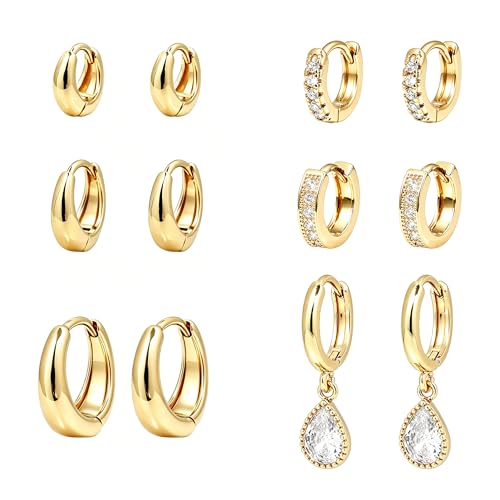 Wgoud 12 Pairs Small 14K Gold Plated Chunky Hoop Earrings for Women Hypoallergenic Lightweight Gold/Silver Hoop Earring Set for Sensitive Ears Trendy Cartilage Huggie Hoops Stacks for Multiple Piercing Jewelry - color: Gold-6 pairs- teardrop