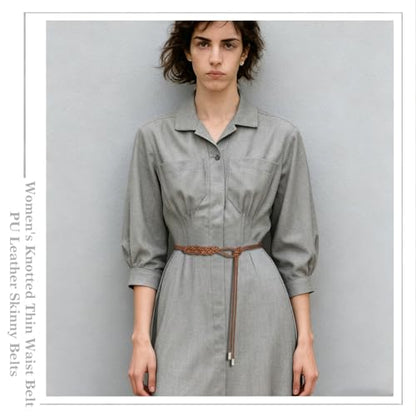 Women's Knotted Thin Waist Belt PU Leather Skinny Belts for Dresses Pants - color: Plaited Hair-brown