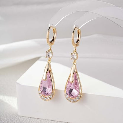 Trendy Austrian Crystal Teardrop Drop Huggie Dangle Earrings for Women 14k Rose Gold Plated Hypoallergenic Jewelry Gifts - color: Pink