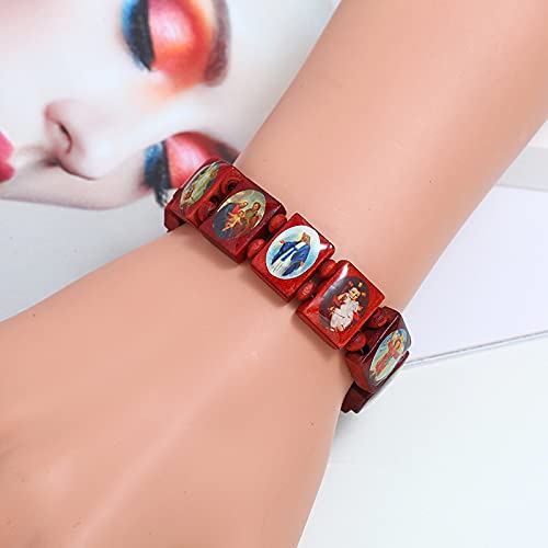 2/4 Pcs Wooden Jesus Virgin Mary Bracelet Saints Rosary Stretch Adjustable Wooden Small Panel Bracelet Religious Saints Jesus Gift for Women Men - color: 4 pcs