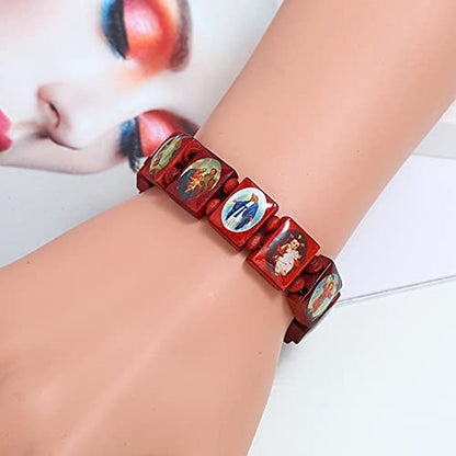 2/4 Pcs Wooden Jesus Virgin Mary Bracelet Saints Rosary Stretch Adjustable Wooden Small Panel Bracelet Religious Saints Jesus Gift for Women Men - color: 4 pcs