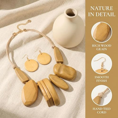 Coiris Chunky Statement Necklace and Earring Sets for Women Boho Wooden Necklaces Earrings Jewelry Set for Women - color: Beige