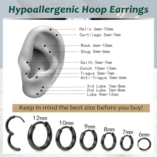 Surgical Steel Huggie Hoop Earrings & Flat Back Studs for Women Men, 6mm-14mm Small Hoops for Cartilage Helix Tragus Lobe, 1-10 Pairs Multiple Piercing Jewelry Set for Sensitive Ears - style: 1Pair,Black,10mm(THK:1.6mm)