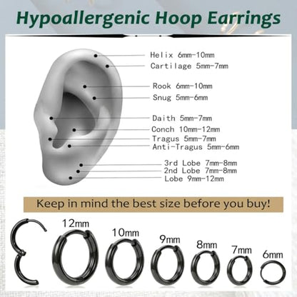 Surgical Steel Huggie Hoop Earrings & Flat Back Studs for Women Men, 6mm-14mm Small Hoops for Cartilage Helix Tragus Lobe, 1-10 Pairs Multiple Piercing Jewelry Set for Sensitive Ears - style: 1Pair,Black,10mm(THK:1.6mm)