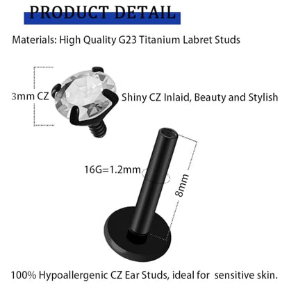 16G 18G Titanium Internal Thread CZ Stud Earrings Flat Back, Silver Black Tragus Helix Conch Cartilage Piercing Jewelry for Women Men 6mm 8mm 10mm Labret Studs 2PCS - color: Black, 16g, 8mm bar, 3mm White CZ