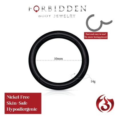 Forbidden Body Jewelry 316L Surgical Steel Hinged Seamless Nose Rings Hoop 14G 16G 18G, Diameter 6mm 8mm 10mm 12mm, Gold/Rose Gold/Silver/Black/Rainbow Colors. - style: 14g 10mm - Black