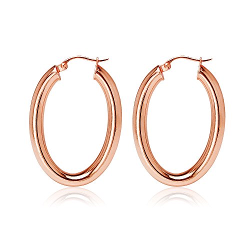 Hoops & Loops 925 Sterling Silver 4mm Thick Oval Diamond-Cut Hoop Earrings, 25mm 30mm, Silver, Yellow Gold, Rose Gold & Black - color: Rose Gold 25mm-1''