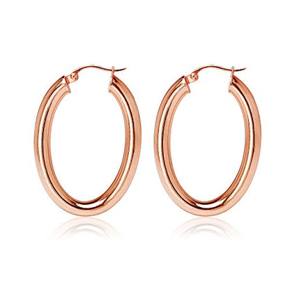 Hoops & Loops 925 Sterling Silver 4mm Thick Oval Diamond-Cut Hoop Earrings, 25mm 30mm, Silver, Yellow Gold, Rose Gold & Black - color: Rose Gold 25mm-1''