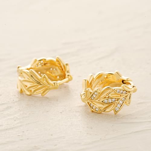 Women Gold Earrings Huggie Hoop Cubic Zirconia 14K Gold Plated Small Simple Hypoallergenic Everyday Jewelry - style: Leaf