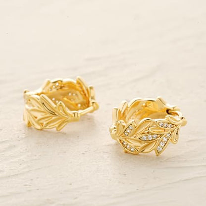 Women Gold Earrings Huggie Hoop Cubic Zirconia 14K Gold Plated Small Simple Hypoallergenic Everyday Jewelry - style: Leaf