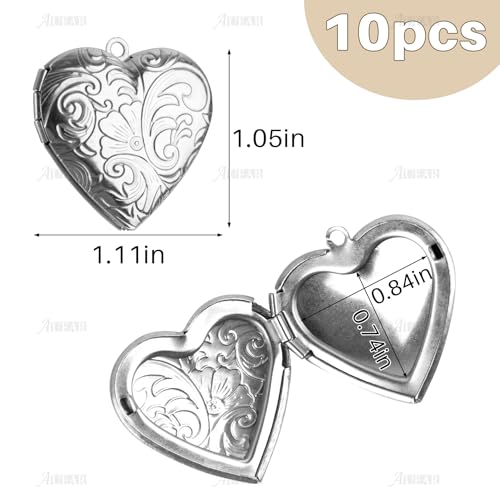AUEAR, 10 Pack Silver Heart Photo Frame Charms DIY Locket Pendants for Necklace Keychain Jewelry Making