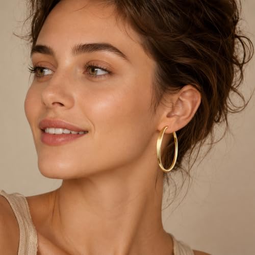 sovesi Flat Edge Chunky Hoop Earrings for Women 14k Gold Plated, 5mm Thick Hoops, Lightweight Hypoallergenic Hoop Earrings - color: Gold 50mm