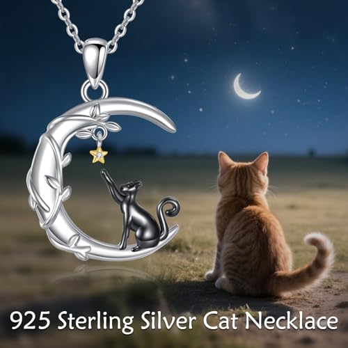 YAFEINI Moon Animal Necklace S925 Sterling Silver Owl/Fox/Red Panda/Possum/Snake/Dachshund Pendant Necklace Animal Jewelry Gifts for Women Mom Wife - style: Cat
