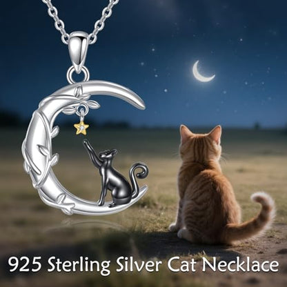 YAFEINI Moon Animal Necklace S925 Sterling Silver Owl/Fox/Red Panda/Possum/Snake/Dachshund Pendant Necklace Animal Jewelry Gifts for Women Mom Wife - style: Cat