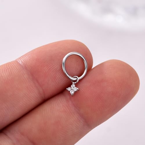 Ourania 16G Gold Stainless Steel Zircon Dangle Huggie Hoop Rook Piercing Helix Hoop Earring Tragus Hoop Cartilage Piercing for Women - color: Round Flower Silver 2PCS, size: 1.2*8mm 2pcs