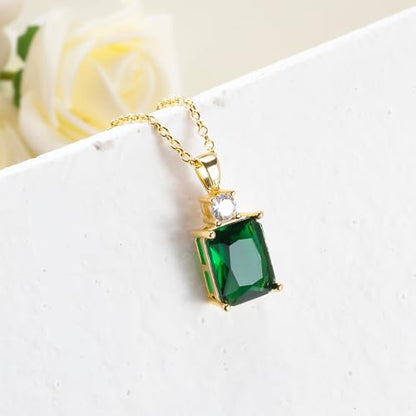 CiNily Rectangular Crystal Necklace for Women Trendy, Pendant Necklace with Chain 14K White Gold | Gold Plated Multicolor Birthstone Pendant Necklaces Boho Jewelry for Christmas Birthday Wedding - color: Gold-Green cz