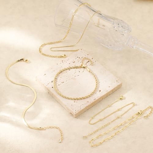 MFRYK Gold Ankle Bracelets for women,14k Gold/Silver Plated Waterproof Layered lightweight Cuban Link Figaro Chain Heart anklet butterfly anklet Pearl Ankle Bracelets Set Gold Anklets for women Trendy Jewelry Gift for Women - style: 6 anklets box figaro r