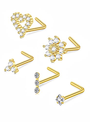 QWALIT 18g 20g Nose Stud 18g Surgical Stainless Steel Silver Gold Horseshoe Nose Ring for Women Hypoallergenic Double Stud Gem 18gauge Corkscrew Nostril Piercing Jewelry for Men Trendy - color: 13-L shape-20g gold